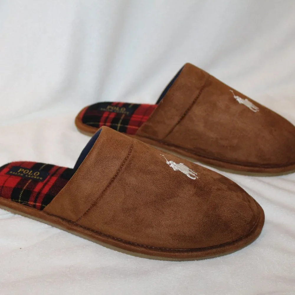 NIB POLO‎ RALPH LAUREN MENS SUEDE PLAID SLIP ON SLIPPERS CHESTNUT